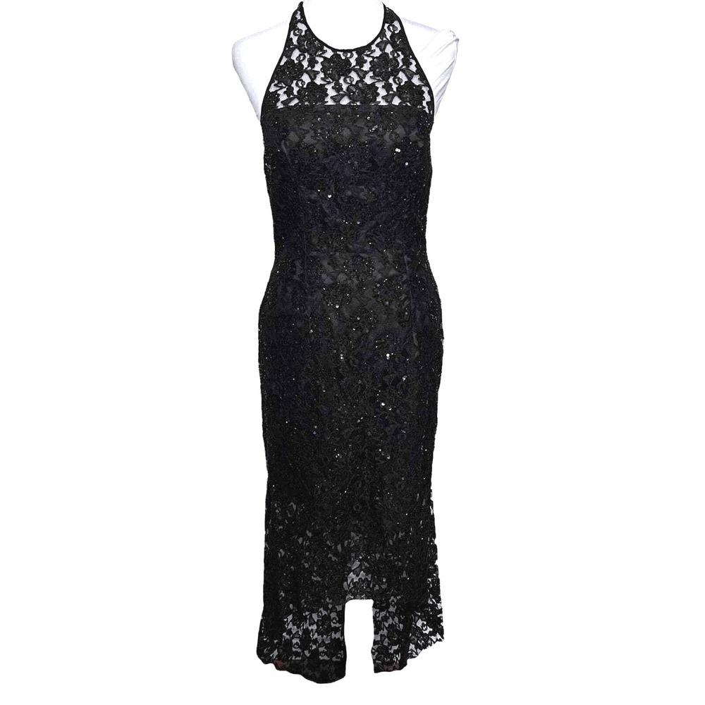 Sean Collection Lace Sequin Halter Dress Sz 6 High Low‎ Cocktail Gown LBD Black
